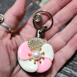 NEW Flower Pink White Enamel Rhinestone Badge Name Tag ID Clip Nurse Medical Job